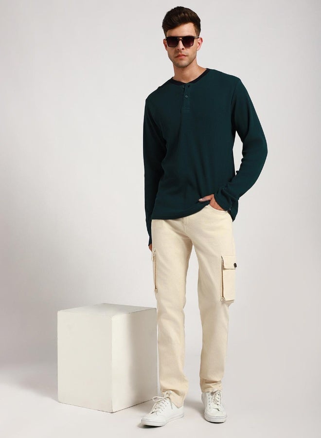 Dennis Lingo Teal Slim Fit Solid Henley Neck T-shirt for Men - 100% Cotton, Full Sleeve, Casual - Image 2