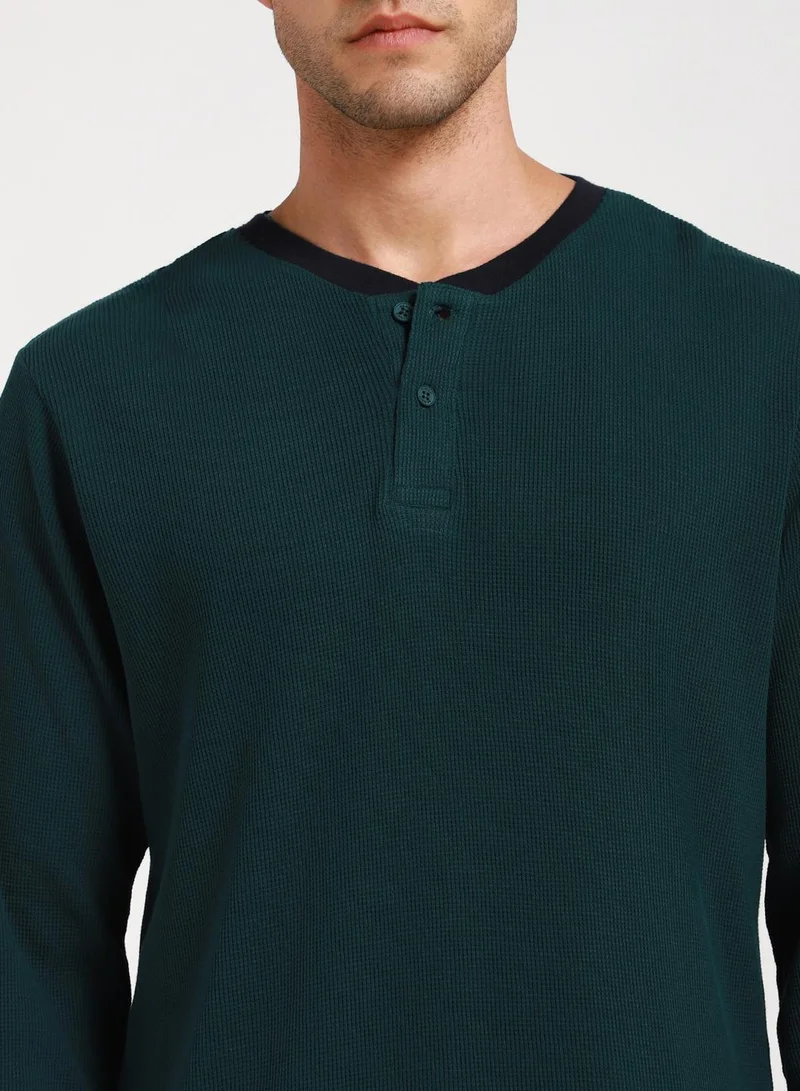 Dennis Lingo Teal Slim Fit Solid Henley Neck T-shirt for Men - 100% Cotton, Full Sleeve, Casual