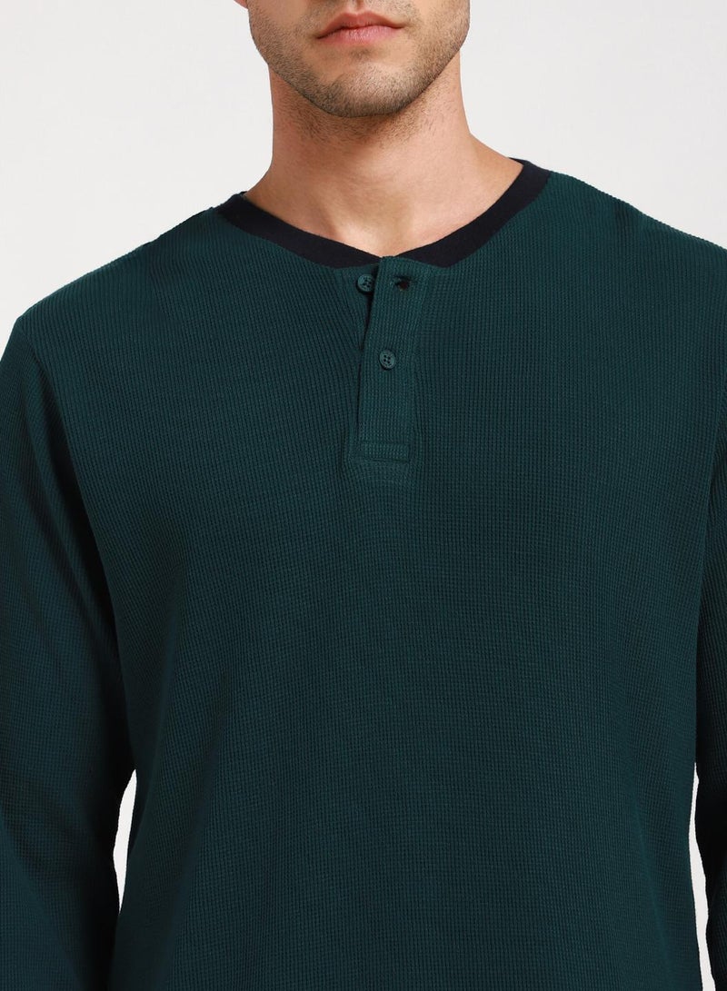 Dennis Lingo Teal Slim Fit Solid Henley Neck T-shirt for Men - 100% Cotton, Full Sleeve, Casual - Image 5