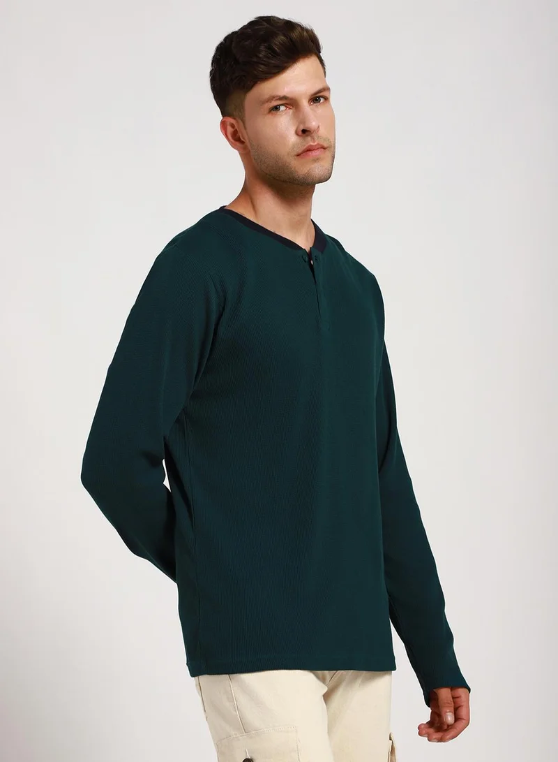 Dennis Lingo Teal Slim Fit Solid Henley Neck T-shirt for Men - 100% Cotton, Full Sleeve, Casual