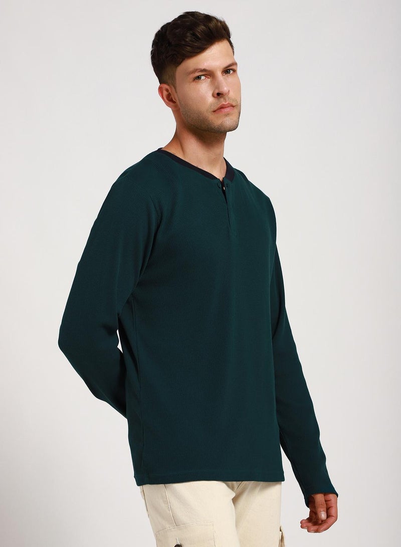 Dennis Lingo Teal Slim Fit Solid Henley Neck T-shirt for Men - 100% Cotton, Full Sleeve, Casual - Image 3