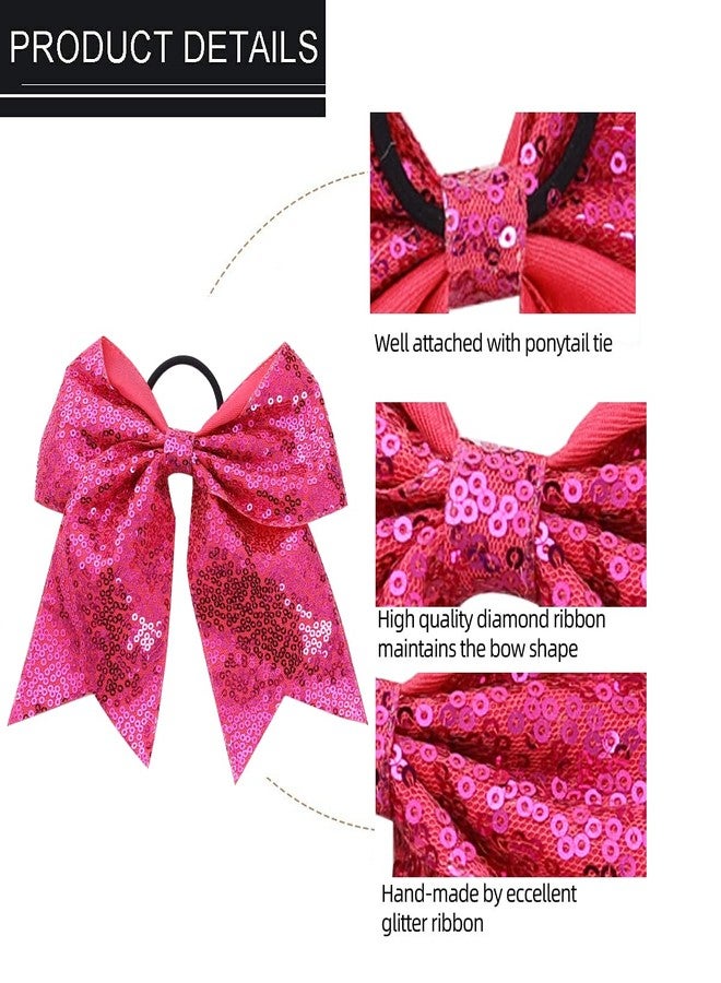 Hipcheer Large Hot Pink Sequin Glitter Cheer Hair Bows,Sparkly Bows Ponytail Holder Elastic Band for Cheerleading Teen Girls College Sports (Hot Pink) - Image 4