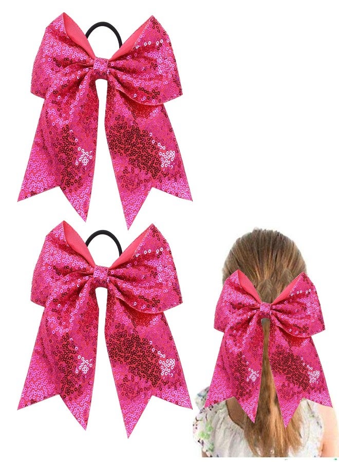 Hipcheer Large Hot Pink Sequin Glitter Cheer Hair Bows,Sparkly Bows Ponytail Holder Elastic Band for Cheerleading Teen Girls College Sports (Hot Pink) - Image 1