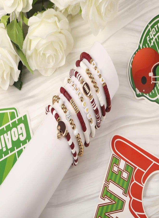 ecozran Game Day Stretch Bracelets for Women 7 Pack Maroon White Elastic Gameday Bracelet Stylish Heishi Beaded Football Fan Accessories for Sports Events Team Gifts (Brown White) - Image 2