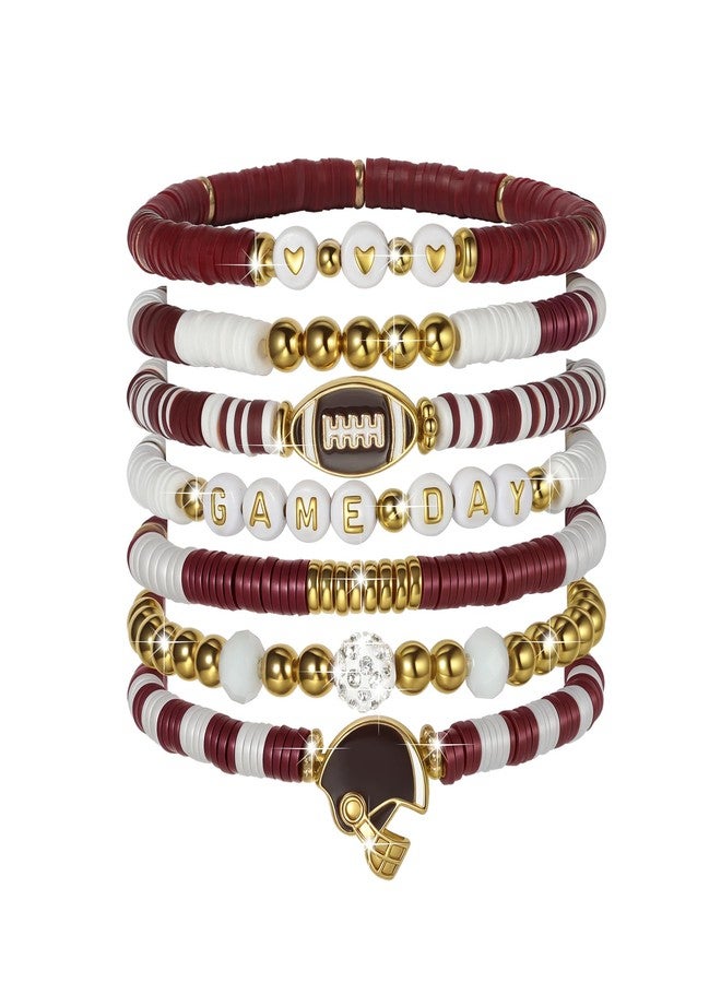 ecozran Game Day Stretch Bracelets for Women 7 Pack Maroon White Elastic Gameday Bracelet Stylish Heishi Beaded Football Fan Accessories for Sports Events Team Gifts (Brown White) - Image 1
