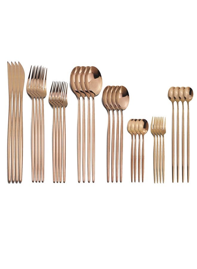 JASHII 32-Piece Silverware Set with Cake Fork Long Handle Spoon Utensils Stainless Steel Flatware Cutlery Set for 4 Fancy Eating Tableware Sets Dishwasher Safe(Shiny Copper) - Image 1