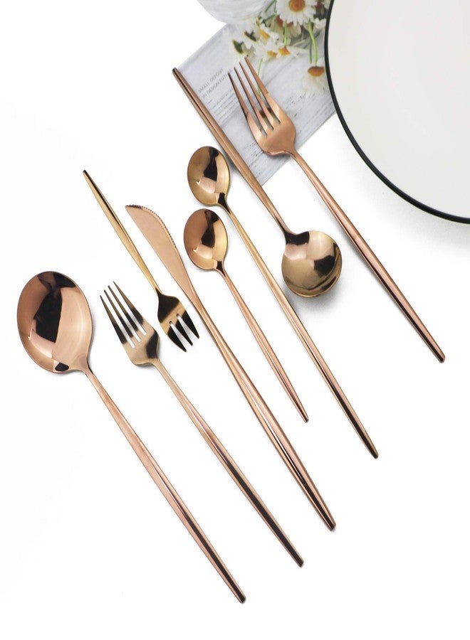 JASHII 32-Piece Silverware Set with Cake Fork Long Handle Spoon Utensils Stainless Steel Flatware Cutlery Set for 4 Fancy Eating Tableware Sets Dishwasher Safe(Shiny Copper) - Image 2