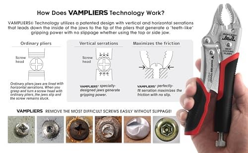 VAMPLIERS 7.5" Vise Grip Heavy Duty Locking Pliers with Screw Extractor Curved Jaws. Professional Grade. Secure Hold, Quick Release. Grip & Remove Stripped/Stuck Screws in seconds. - Image 4