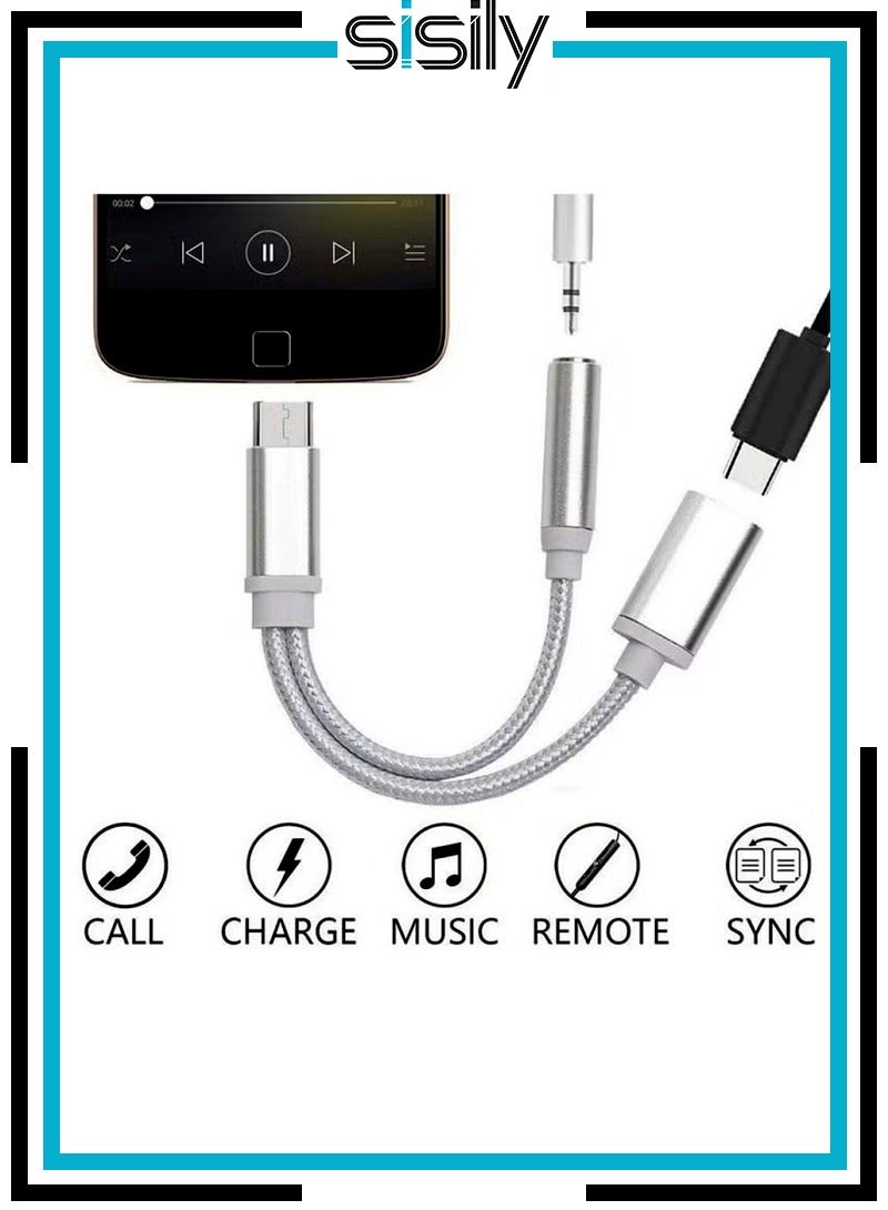 سيسلي محول سماعة رأس وشاحن 2 في 1 من النوع C إلى 3.5 مم، مقبس صوت من النوع C إلى Aux مع سلك كابل دونجل شحن سريع PD 120 وات متوافق، فضي - Image 1