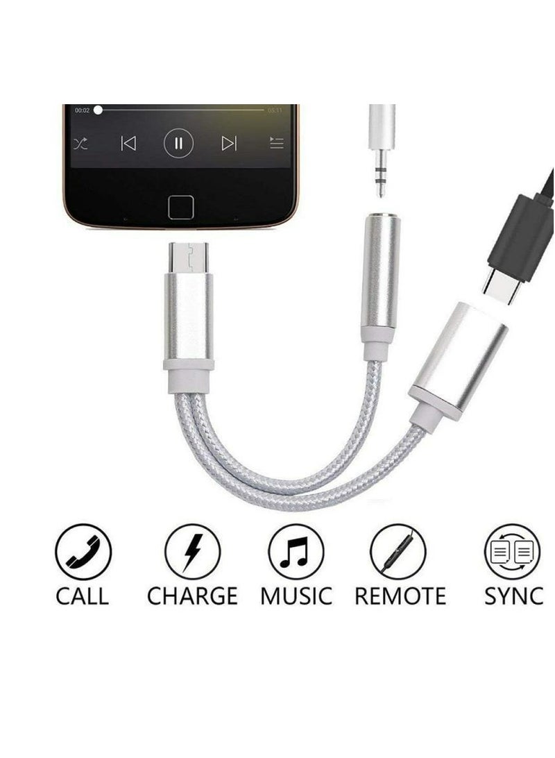 محول سماعة رأس وشاحن 2 في 1 من النوع C إلى 3.5 مم، مقبس صوت من النوع C إلى Aux مع سلك كابل دونجل شحن سريع PD 120 وات متوافق، فضي - Image 1