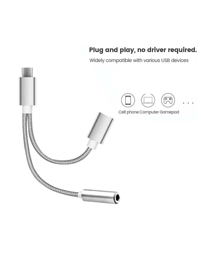 محول سماعة رأس وشاحن 2 في 1 من النوع C إلى 3.5 مم، مقبس صوت من النوع C إلى Aux مع سلك كابل دونجل شحن سريع PD 120 وات متوافق، فضي - Image 4