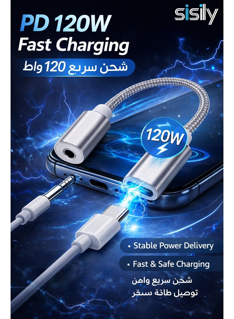 Sisily 2-in-1 Type-C to 3.5mm Headphone Jack Adapter with PD Fast Charging 120W USB-C Audio AUX Splitter Cable for Music Call Sync Compatible with Samsung Galaxy iPad MacBook Android – Silver - Image 4