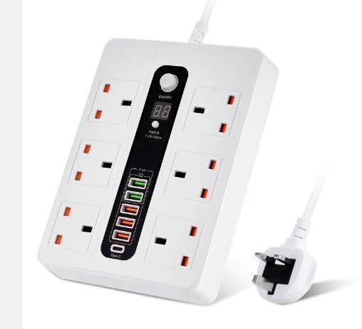 HEBEZON هيبيزون 6 مقابس عالمية مع 5 منافذ USB لوحة تمديد كهربائية ذكية متعددة المقابس مع محول سفر 2500 واط مع لوحات تمديد من نوع C محطة شحن مكتبية - Image 1