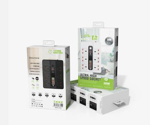 HEBEZON هيبيزون 6 مقابس عالمية مع 5 منافذ USB لوحة تمديد كهربائية ذكية متعددة المقابس مع محول سفر 2500 واط مع لوحات تمديد من نوع C محطة شحن مكتبية - Image 5