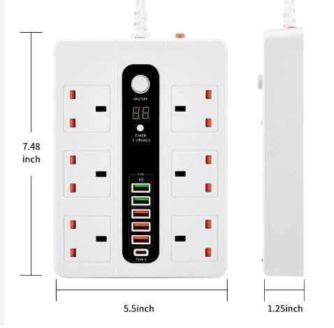 HEBEZON هيبيزون 6 مقابس عالمية مع 5 منافذ USB لوحة تمديد كهربائية ذكية متعددة المقابس مع محول سفر 2500 واط مع لوحات تمديد من نوع C محطة شحن مكتبية - Image 4