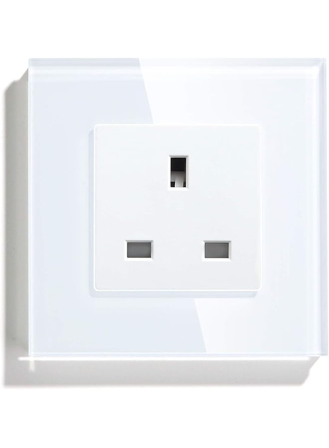 promass Single 13A Wall Socket Outlet 1 Gang White, Unswitched Power Socket with Glass Panel - Image 1