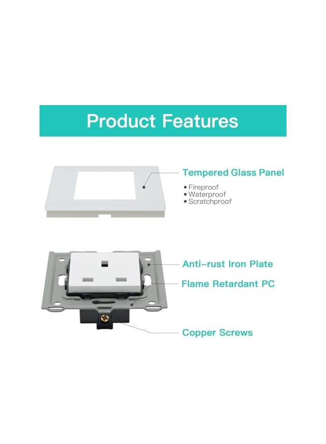 promass Single 13A Wall Socket Outlet 1 Gang White, Unswitched Power Socket with Glass Panel - Image 2