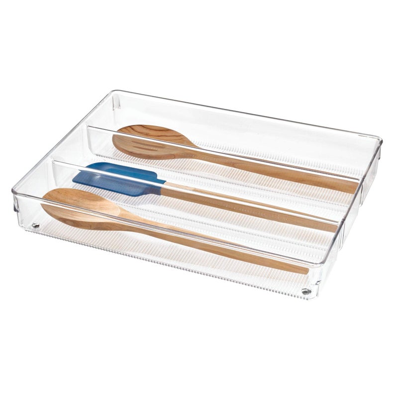 InterDesign iDesign Linus Plastic Kitchen Drawer Utensil Organizer, Divided Storage Container for Silverware, Spatulas, Gadgets, 3.8" x 10.5" x 2" - Clear - Image 1