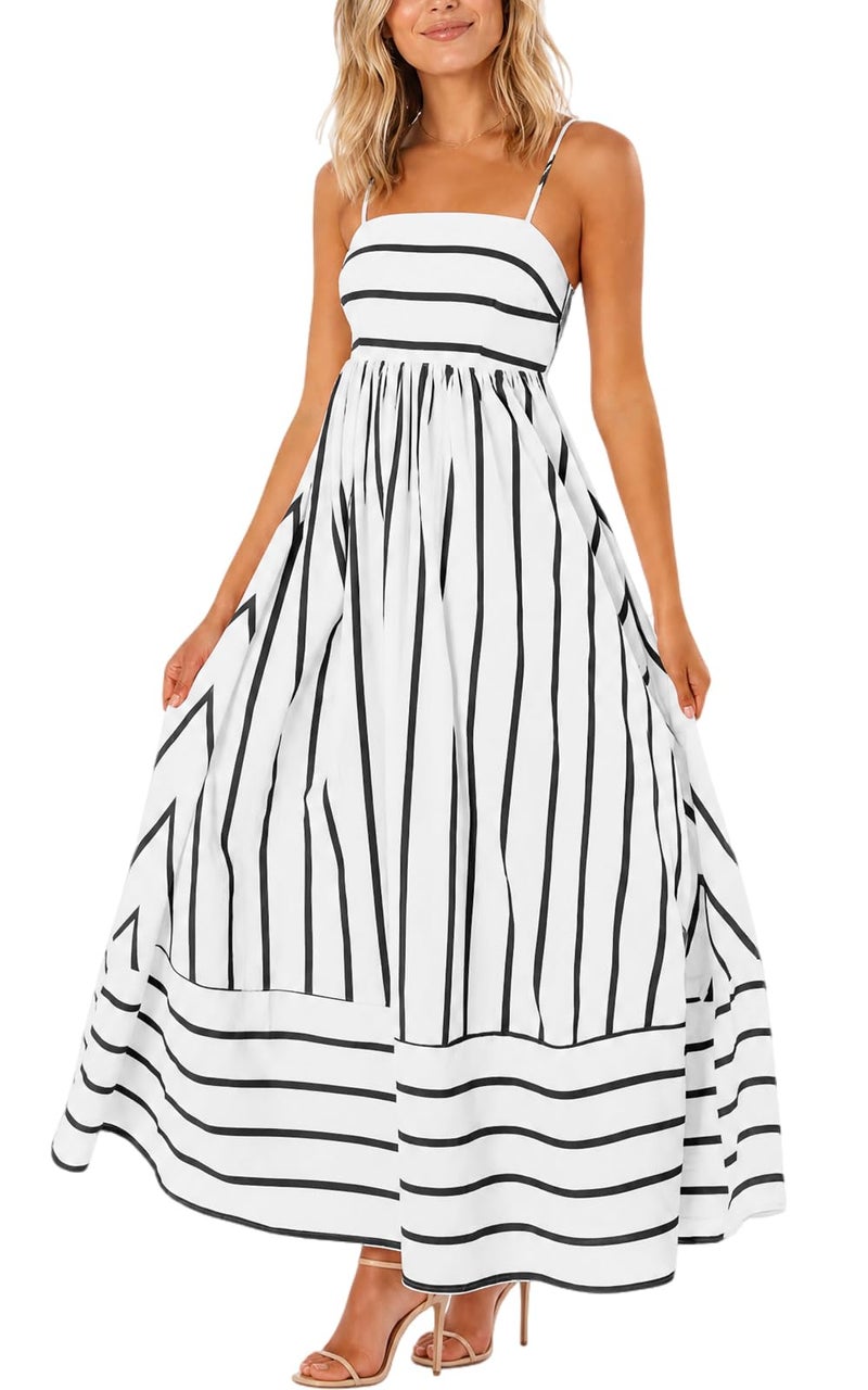 yoeasy Women's Striped Spaghetti Strap Cutout Maxi Dress Sleeveless Backless Flowy Swing Long Dress (Large, Black White) - Image 1
