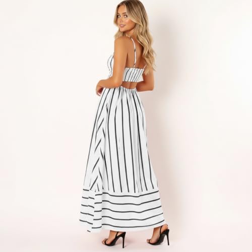 yoeasy Women's Striped Spaghetti Strap Cutout Maxi Dress Sleeveless Backless Flowy Swing Long Dress (Large, Black White) - Image 2