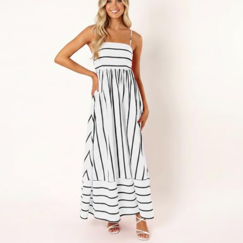 yoeasy Women's Striped Spaghetti Strap Cutout Maxi Dress Sleeveless Backless Flowy Swing Long Dress (Large, Black White) - Image 3