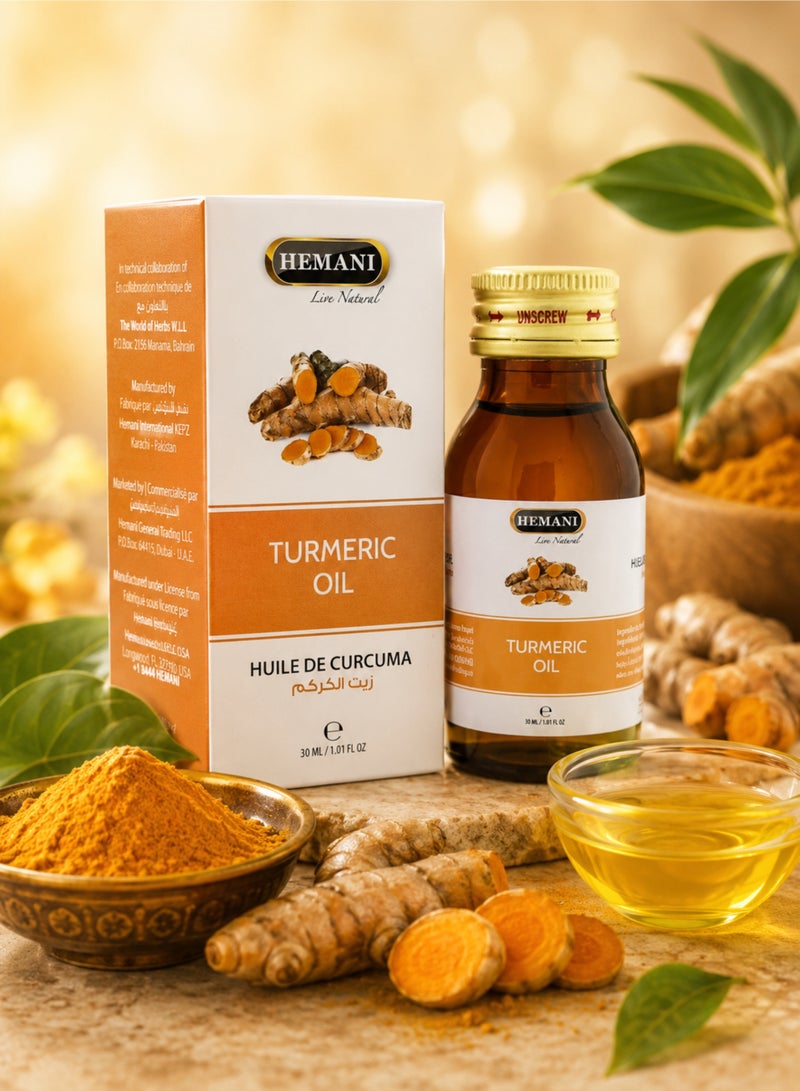 HEMANI Turmeric Oil 30ML – Natural Aromatherapy Oil for Skin, Hair & Massage Care | Herbal Curcuma Oil | Zait Al Kurkum / Huile de Curcuma - Image 1