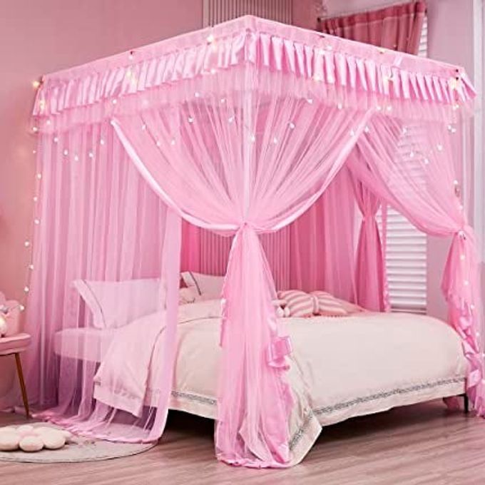 4 CORNERS POST CANOPY BED CURTAINS FOR GIRLS FULL SIZE ROYAL LUXURIOUS COZY DRAPE CANOPY BED FRAMES NETTING FOR KIDS ADULTS CUTE PRINCESS BEDROOM DECORATION PINK