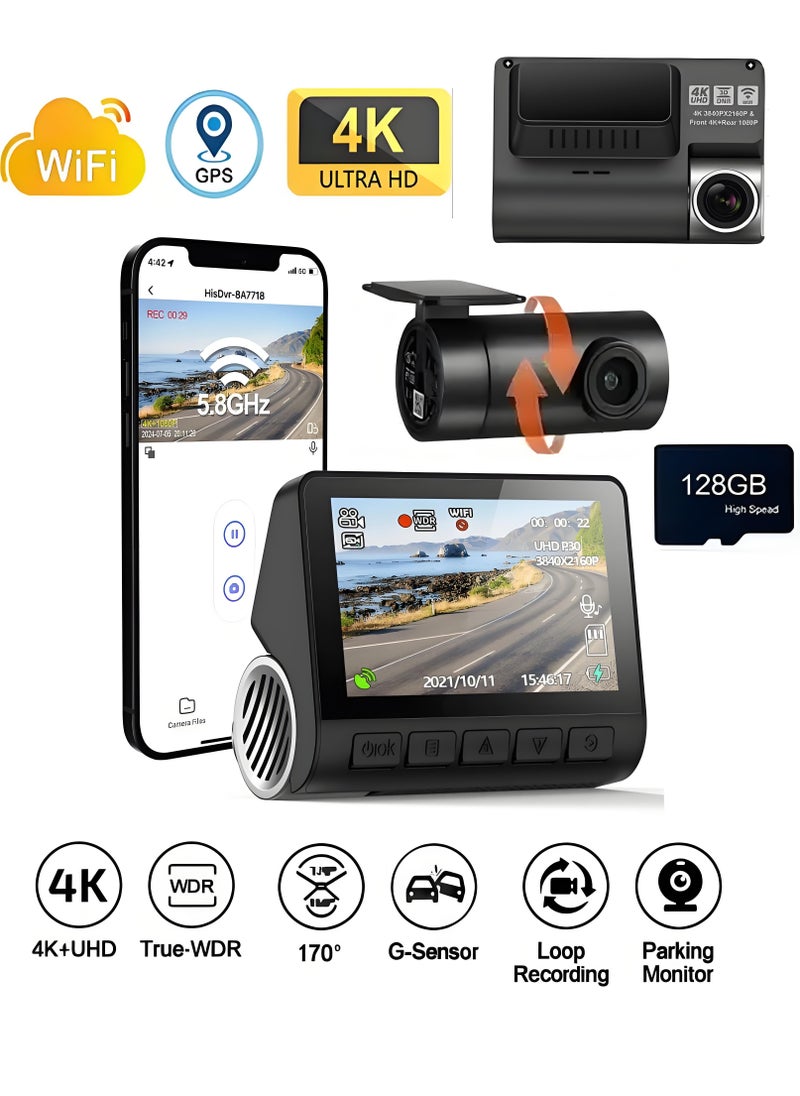 Generic V55 car driving recorder 4K+1080P, front and rear camera driving recorder, with 128GB memory card HDR night vision, parking monitor, G sensor, loop recording, delay, application and WiFi, voice control dash cam  - Image 1