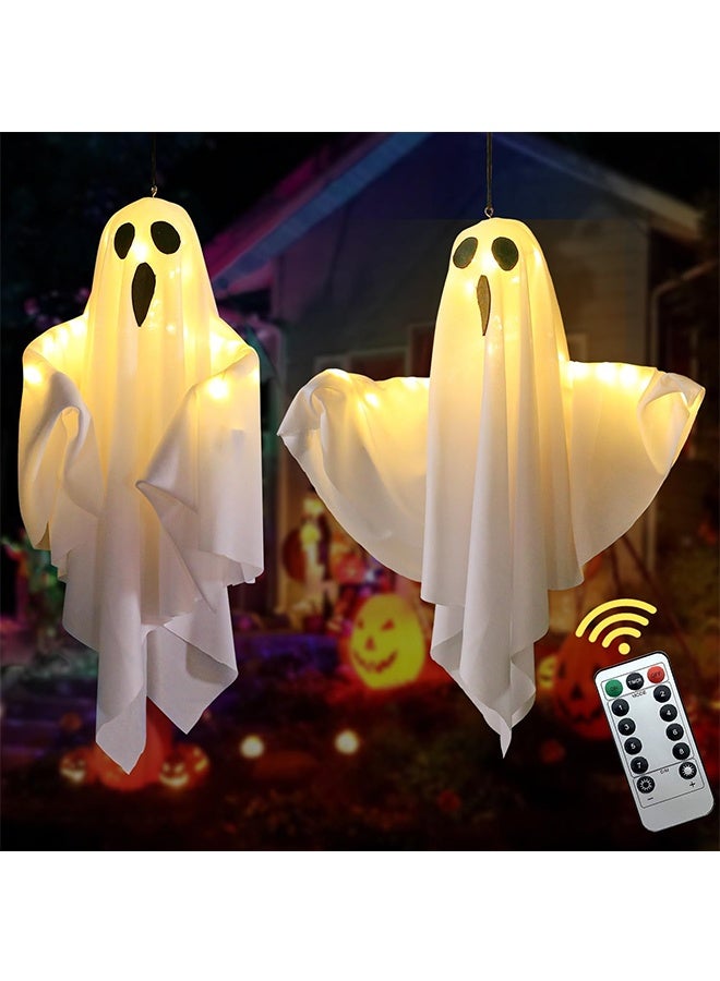 JCB CHIC زينة شبح هالوين أشباح هالوين معلقة مع أضواء زينة هالوين زينة شبح مخيفة للمنزل والحديقة والفناء 2 قطعة (أبيض) - Image 1