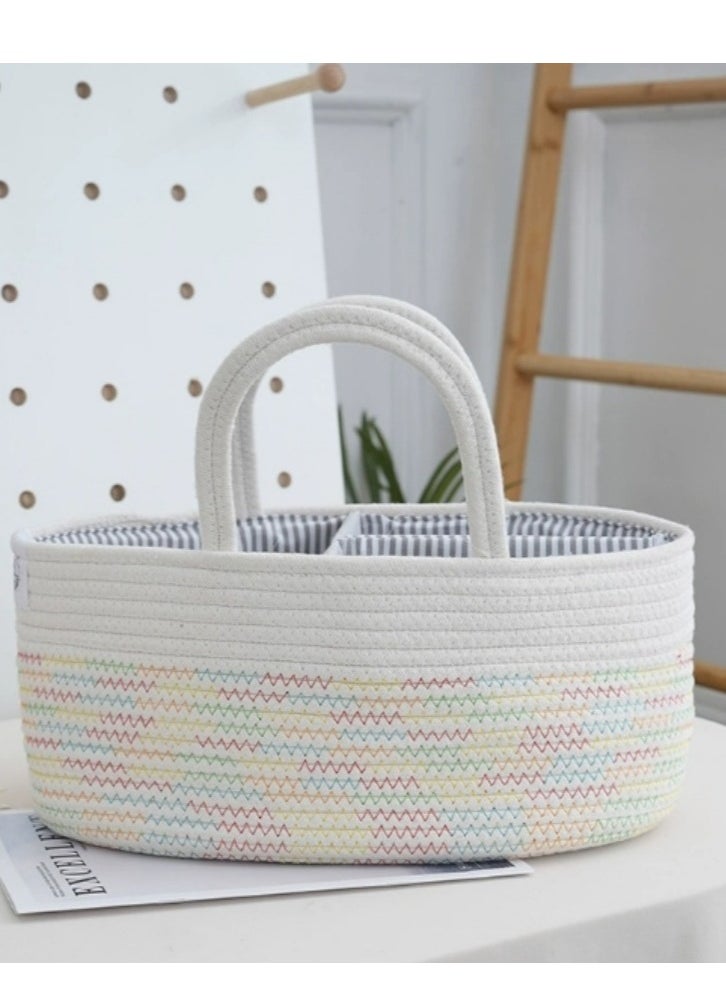 Generic Woven Diaper Basket with Handle Lid Baby Diaper Organiser Sturdy Portable Nursery Storage Basket with Compartments Cotton Rope Baby Diaper Organiser Bag 