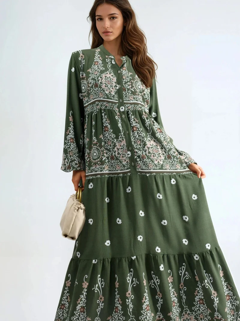 HICCUP Green Comfort Fit Patterned Maxi Dress with V-Neck for Women | Best Price UAE