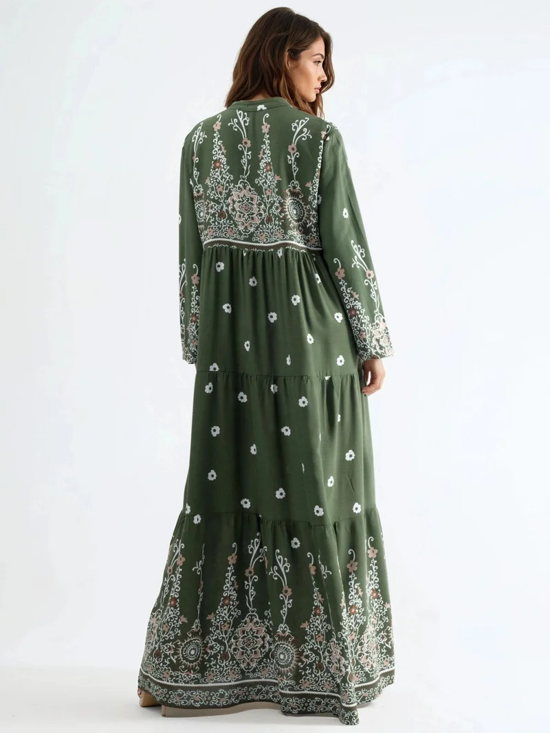 HICCUP Green Comfort Fit Patterned Maxi Dress with V-Neck for Women | Best Price UAE