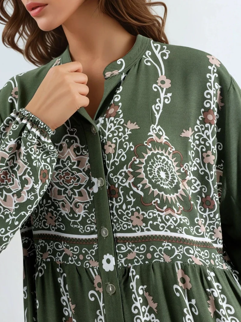 HICCUP Green Comfort Fit Patterned Maxi Dress with V-Neck for Women | Best Price UAE