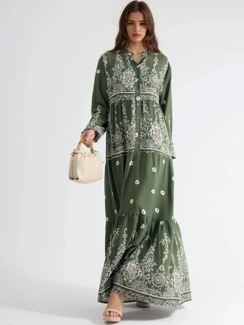 HICCUP Green Comfort Fit Patterned Maxi Dress with V-Neck for Women | Best Price UAE