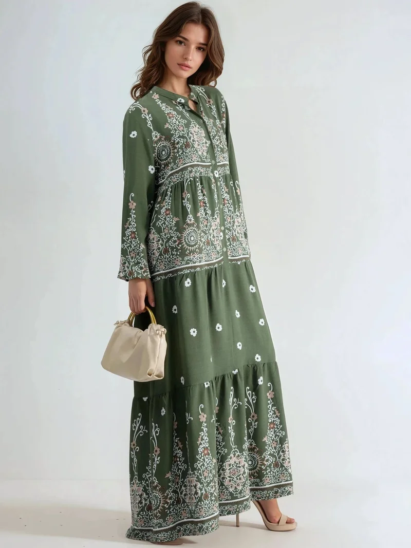هيكاب Comfort Fit Patterned Maxi Dress with V-Neck