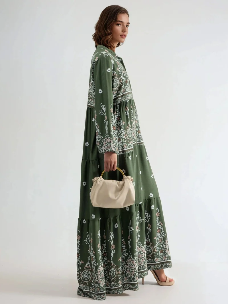 HICCUP Green Comfort Fit Patterned Maxi Dress with V-Neck for Women | Best Price UAE