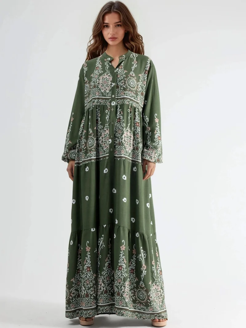هيكاب Comfort Fit Patterned Maxi Dress with V-Neck