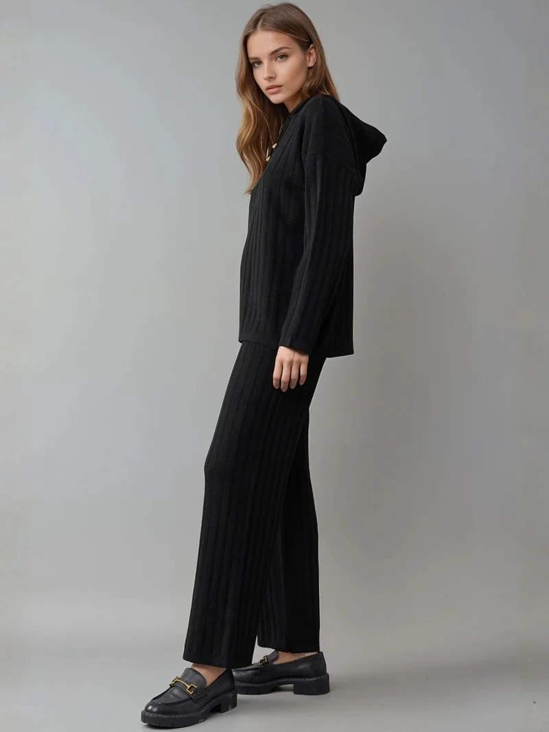 موضتي MY FASHION Hooded Ribbed Knit Co-Ord Set with Wide Leg Pants