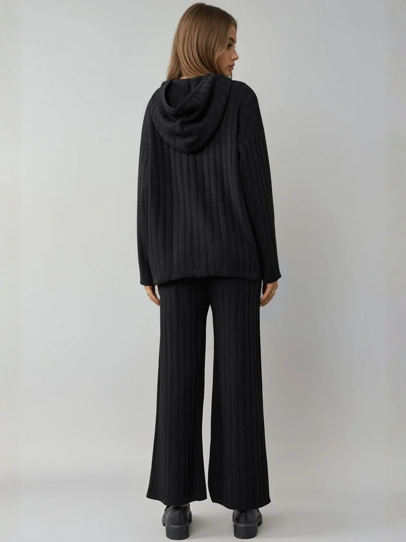 MY FASHION MY FASHION Hooded Ribbed Knit Co-Ord Set with Wide Leg Pants