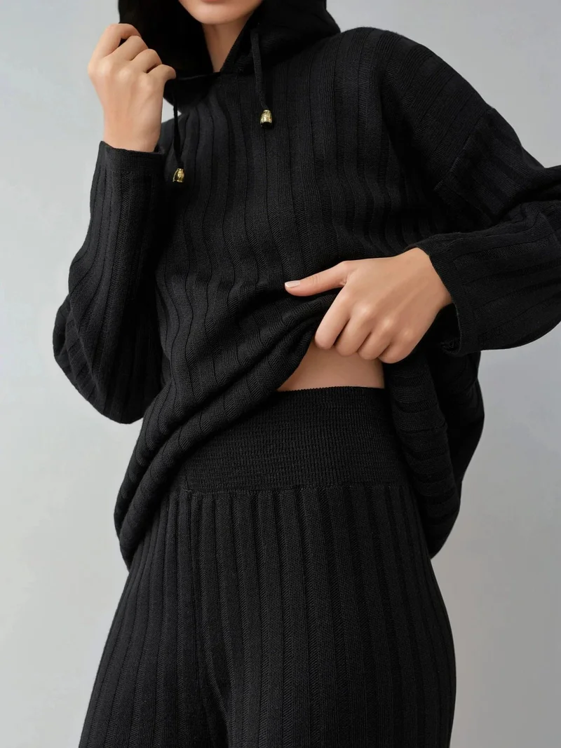 MY FASHION MY FASHION Hooded Ribbed Knit Co-Ord Set with Wide Leg Pants