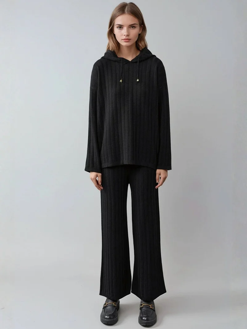 MY FASHION MY FASHION Hooded Ribbed Knit Co-Ord Set with Wide Leg Pants