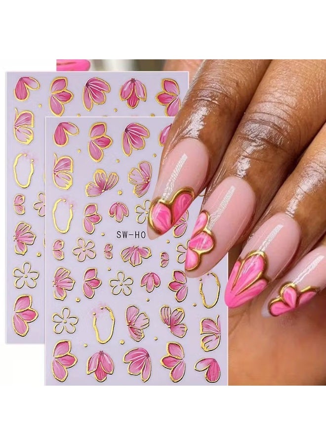 Goolsky ملصقات أظافر زهرية بلون الوردي مع لمسات ذهبية، 2 قطعة، ملصقات فنية ثلاثية الأبعاد ذاتية اللصق للزهور - Image 1