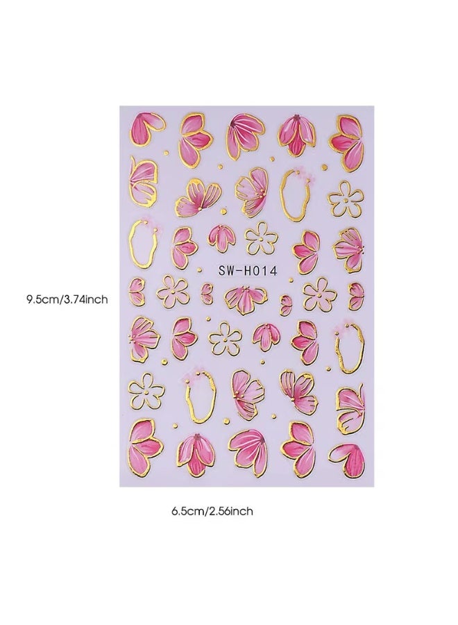 Goolsky ملصقات أظافر زهرية بلون الوردي مع لمسات ذهبية، 2 قطعة، ملصقات فنية ثلاثية الأبعاد ذاتية اللصق للزهور - Image 4
