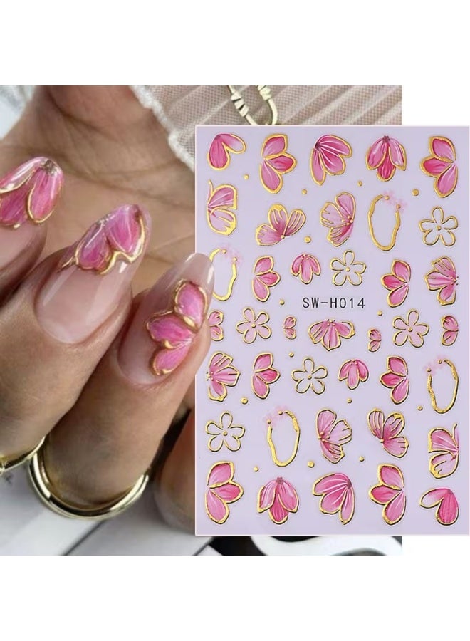 Goolsky ملصقات أظافر زهرية بلون الوردي مع لمسات ذهبية، 2 قطعة، ملصقات فنية ثلاثية الأبعاد ذاتية اللصق للزهور - Image 3