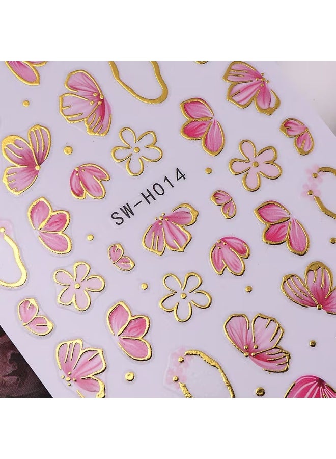 Goolsky ملصقات أظافر زهرية بلون الوردي مع لمسات ذهبية، 2 قطعة، ملصقات فنية ثلاثية الأبعاد ذاتية اللصق للزهور - Image 5