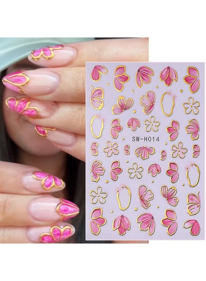 Goolsky ملصقات أظافر زهرية بلون الوردي مع لمسات ذهبية، 2 قطعة، ملصقات فنية ثلاثية الأبعاد ذاتية اللصق للزهور - Image 2