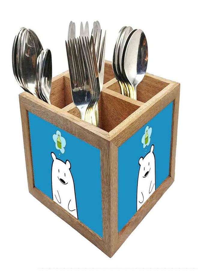 Nutcase Wooden Cutlery Stand Holder Silverware Caddy Spoons Forks Knives Organizer for Dining Table & Kitchen -Made in India-Spoons NOT Included - Cute Funny Bear - Image 1