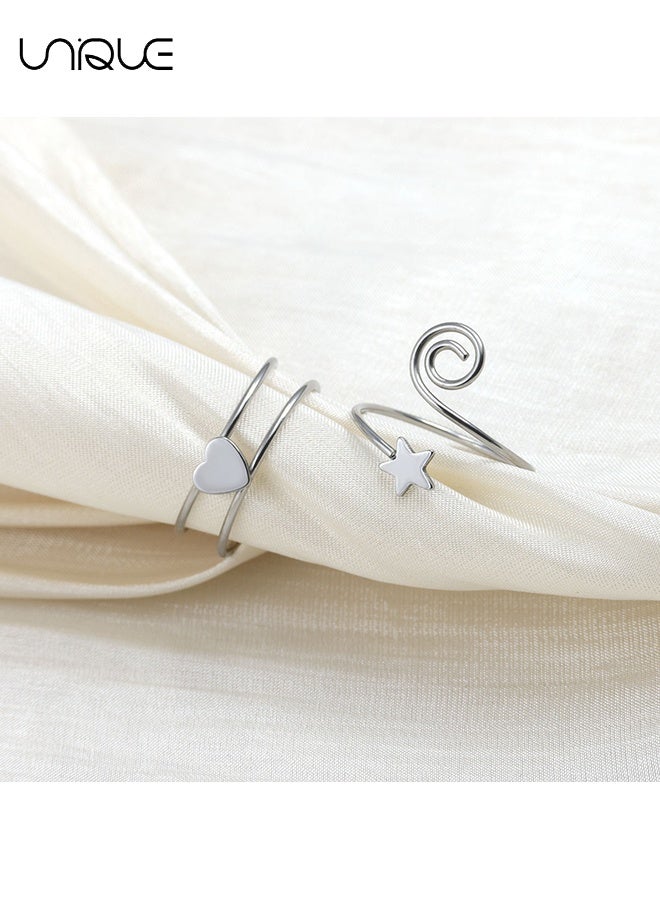 Unique 2 Pcs Adjustable Toe Rings for Women - Pentagram & Heart Shaped Foot Rings - Silver Stainless Steel - Image 4
