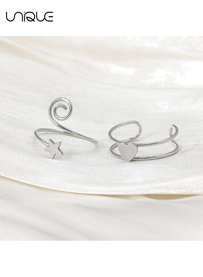 Unique 2 Pcs Adjustable Toe Rings for Women - Pentagram & Heart Shaped Foot Rings - Silver Stainless Steel - Image 2