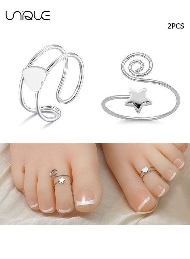 Unique 2 Pcs Adjustable Toe Rings for Women - Pentagram & Heart Shaped Foot Rings - Silver Stainless Steel - Image 1